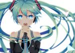  aqua_hair bare_shoulders blue_eyes detached_sleeves hatsune_miku long_hair microphone music open_mouth simple_background singing solo tobade_(tbdfactory) twintails vocaloid white_background 