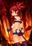  arm_belt ass bare_shoulders demon_tail demon_wings disgaea earrings elbow_gloves etna from_behind gloves highres holding jewelry looking_at_viewer looking_back mmrailgun pointy_ears polearm profile red_eyes red_hair short_shorts shorts skull smile solo spear standing tail weapon wings 