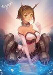  bare_shoulders breasts bridal_gauntlets brown_hair cleavage elbow_gloves gloves green_eyes highres instant_ip kantai_collection large_breasts light_smile lips md5_mismatch mutsu_(kantai_collection) parted_lips short_hair signature solo white_gloves 