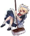  ahoge alternate_costume apron bad_id bad_pixiv_id banned_artist blonde_hair broom crossdressing enmaided hyde_(under_night_in-birth) lowres maid male_focus mary_janes red_eyes shoes short_hair socks solo under_night_in-birth yusano 