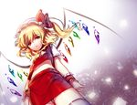  bad_id bad_pixiv_id blonde_hair flandre_scarlet from_below hat midriff navel red_eyes red_skirt short_hair side_ponytail skirt solo tanjel thighhighs touhou wings wrist_cuffs 