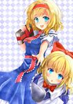  :&lt; :d alice_margatroid argyle argyle_background blue_dress blue_eyes book bow bowtie dress grimoire grimoire_of_alice highres kabutogami looking_at_viewer multiple_girls necktie open_mouth shanghai_doll short_hair short_sleeves smile touhou 