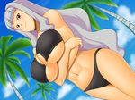  bare_shoulders bikini black_bikini breasts crossed_arms huge_breasts idolmaster idolmaster_(classic) kawanuma_uotsuri long_hair o-ring o-ring_top palm_tree red_eyes shijou_takane silver_hair smile solo swimsuit thighs tree 