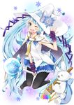  blue_eyes blue_hair bunny cape fingerless_gloves gloves hat hatsune_miku highres long_hair one_eye_closed open_mouth paintbrush pantyhose rainbow sasetsu skirt snowflakes suki!_yuki!_maji_magic_(vocaloid) twintails very_long_hair vocaloid wand witch_hat yuki_miku yukine_(vocaloid) 