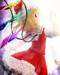  arm_up backlighting bad_id bad_pixiv_id blonde_hair flandre_scarlet from_behind gradient gradient_background hand_up hat hat_ribbon looking_at_viewer looking_back mob_cap narupegu_(zousanyasan) outstretched_arm parted_lips petticoat red_eyes ribbon short_hair skirt skirt_set solo touhou wings 