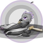  absurd_res avian baseball_bat bat beak female feral fur grey_fur gryphon hi_res lying my_little_pony on_side original_character purple_eyes shinekolt solo wings 