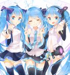  3girls blue_eyes blue_hair bridal_gauntlets closed_eyes detached_sleeves double_v girl_sandwich grin hair_ribbon hatsune_miku hatsune_miku_(append) highres jimmy long_hair multiple_girls multiple_persona necktie open_mouth ribbon sandwiched skirt smile thighhighs twintails v very_long_hair vocaloid vocaloid_append 