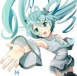  39 aqua_hair detached_sleeves green_eyes hand_on_own_chest hatsune_miku headset highres kemu_(guruguru_dan) long_hair necktie open_mouth outstretched_arm skirt solo thighhighs twintails vocaloid white_background 