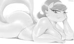  bedroom_eyes big_breasts breast_squish breasts butt cat chubby feline female greyscale looking_at_viewer mammal milf monochrome mother mrs._katswell nude on_stomach parent pinup pose solo sunibee t.u.f.f._puppy 