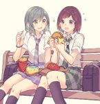  2girls :d :o aqua_hair bag bang_dream! bench black_legwear black_neckwear black_skirt blue_neckwear blue_skirt bracelet braid brown_eyes brown_hair collared_shirt diagonal_stripes fast_food feet_out_of_frame food food_awe french_fries green_eyes grey_hair hamburger haneoka_school_uniform hazawa_tsugumi hikawa_hina holding holding_food jewelry kneehighs knees_together_feet_apart looking_away mcdonald&#039;s mcdonald's mikan-uji multiple_girls necktie open_mouth park_bench plaid plaid_skirt school_bag school_uniform shirt short_sleeves side-by-side sitting skirt smile sparkle striped striped_neckwear twin_braids white_background white_shirt 