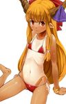  alternate_costume bikini blush bow bracelet flat_chest hair_bow highres horns ibuki_suika jewelry long_hair looking_at_viewer navel nishiuri one-piece_tan orange_eyes orange_hair pointy_ears ribs side-tie_bikini solo string_bikini swimsuit tan tanline touhou very_long_hair 