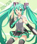  39 2014 dated detached_sleeves green_eyes green_hair hatsune_miku headset ibaraki_natou long_hair necktie one_eye_closed open_mouth skirt solo thighhighs twintails very_long_hair vocaloid 
