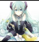  detached_sleeves electric_guitar green_eyes green_hair guitar hatsune_miku highres instrument letterboxed long_hair nanaponi necktie sitting skirt smile solo thighhighs twintails very_long_hair vocaloid 