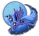  blue_eyes blue_hair cutie_mark equine female feral flying friendship_is_magic hair happy horn horse horseshoe looking_at_viewer mammal moon my_little_pony plain_background platinumpegasister pony princess_luna_(mlp) smile solo sparkles stars winged_unicorn wings 