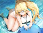  blonde_hair blue_eyes breasts competition_swimsuit fate/grand_order fate_(series) glasses gu_luco highres inflatable_dolphin inflatable_toy jacket jeanne_d&#039;arc_(fate)_(all) jeanne_d&#039;arc_(swimsuit_archer) jeanne_d'arc_(fate) jeanne_d'arc_(fate)_(all) jeanne_d'arc_(swimsuit_archer) large_breasts long_hair looking_at_viewer one-piece_swimsuit partially_submerged ponytail smile solo swimsuit water whistle whistle_around_neck white_jacket white_swimsuit 