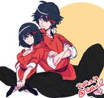  1girl 2014 artist_name black_hair blue_eyes butterfly_sitting chinese_clothes cosplay dated dual_persona genderswap genderswap_(ftm) highlights kill_la_kill matoi_ryuuko multicolored_hair parody ranma_1/2 red_hair saotome_ranma saotome_ranma_(cosplay) short_hair tangzhuang two-tone_hair yunkru 