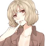  :&lt; blonde_hair brown_eyes brown_hair closed_mouth collar collarbone collared_shirt curry_gohan finger_to_mouth head_tilt hitch_dreyse jacket light_smile looking_at_viewer lowres open_clothes open_jacket open_shirt pinky_out pocket red_eyes shingeki_no_kyojin shirt short_hair simple_background solo upper_body white_background 