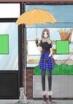  ankle_boots boots cat full_body gloves highres kitten looking_away original pantyhose plaid plaid_skirt rain scarf skirt solo standing tumekui umbrella 