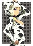  :/ animal_costume animal_print blonde_hair breasts cow_costume cow_print dark_skin hair_ornament hand_on_hip hand_on_own_head kami_nomi_zo_shiru_sekai medium_breasts nora_floriann_leoria purple_eyes red_eyes solo trefle_r 