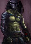  alien anthro armor belt biceps clothing fingerless_gloves gloves glowing green_skin hair looking_at_viewer male mask muscles navel pecs pose predator predator_(franchise) scales solo standing tattoo toned topless wyv1 yautja 