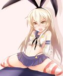  arms_behind_back blonde_hair blush breasts elbow_gloves gloves hairband hasai_(mekkan) kantai_collection long_hair open_mouth shimakaze_(kantai_collection) simple_background skirt small_breasts solo spread_legs striped striped_legwear thighhighs torn_clothes white_gloves yellow_eyes 