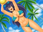  abs ball beach beachball bikini blue_eyes blue_hair bow breasts cleavage day fang ganaha_hibiki hair_bow high_ponytail idolmaster idolmaster_(classic) kawanuma_uotsuri large_breasts looking_at_viewer navel palm_tree ponytail shiny shiny_skin solo swimsuit thighs tree underboob 