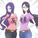  belt glasses hair_ornament hairclip hand_on_hip hands_on_hips heartcatch_precure! kurumi_momoka long_hair multiple_girls pants precure purple_eyes purple_hair purple_shirt shirt smile t-shirt translated tsukikage_oyama tsukikage_yuri white_background 