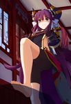  barefoot bike_shorts bow feet gauntlets headdress highres horns long_hair momo_(higanbana_and_girl) purple_eyes purple_hair sangokushi_puzzle_taisen soles sweatdrop toes 