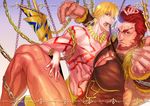  armor beard belt blonde_hair chain cross_(togano) ea_(fate/stay_night) enkidu_(weapon) facial_hair fate/zero fate_(series) gilgamesh male_focus multiple_boys muscle nipples red_eyes red_hair rider_(fate/zero) scar spoilers tattoo weapon yaoi 