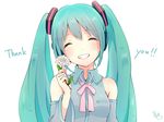  39 aqua_eyes aqua_hair commentary_request flower grin hatsune_miku highres long_hair ribbon smile solo thank_you twintails vocaloid witoi_(roa) 
