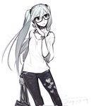  aqua_hair bespectacled bracelet dated glasses hatsune_miku heart highres jewelry lips long_hair monochrome pale_color parted_lips poaro signature simple_background solo twintails very_long_hair vocaloid white_background 