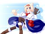  :3 alice_margatroid animal_ears black_legwear blonde_hair blue_dress blue_eyes blush boots capelet cat cat_ears commentary_request dress dual_wielding fang hairband hand_puppet holding kemonomimi_mode miyo_(miyomiyo01) open_mouth pantyhose puppet sash short_hair solo touhou 