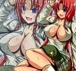  arm_support blush_stickers braid breasts cleavage cleavage_cutout eyebrows hand_on_own_head hat hat_on_lap hat_removed headwear_removed hong_meiling large_breasts long_hair looking_at_viewer open_clothes red_hair sitting smile socks solo star sweat teikoku_gensui touhou twin_braids wet wet_clothes yokozuwari 