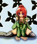  alternate_costume alternate_hairstyle arm_support blue_eyes bow braid breasts cleavage commentary detached_sleeves eyes_visible_through_hair hair_bow hair_up high_heels highres hong_meiling japanese_clothes large_breasts long_hair looking_at_viewer open_hands ponytail red_hair shuriken side_slit sitting sleeveless slit_pupils smile solo teikoku_gensui touhou twin_braids yokozuwari 
