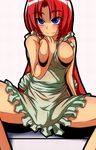  apron arm_support bare_shoulders between_breasts blue_eyes blush braid breasts clothes_between_breasts groin hand_on_own_chest hong_meiling large_breasts long_hair looking_away naked_apron red_hair sitting solo spread_legs teikoku_gensui touhou twin_braids 