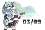  39 absurdres dated detached_sleeves electric_guitar floating_hair green_eyes green_hair guitar hatsune_miku highres instrument long_hair necktie ribiko skirt solo thighhighs twintails very_long_hair vocaloid white_background 