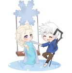  blue_eyes chibi crossover crying elsa_(frozen) frozen_(disney) hand_holding jack_frost_(rise_of_the_guardians) rise_of_the_guardians smile snowflake snowflakes staff swing tears white_hair 