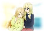  blonde_hair blue_eyes cardigan highres k-on! kotobuki_tsumugi long_hair multiple_girls saitou_sumire sasaken sleeping sweater 