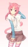  :&lt; animal_ears blush cat_ears cat_tail character_request gradient gradient_background highres long_hair pink_eyes pink_hair ponytail ribbon-trimmed_clothes ribbon_trim simple_background skirt solo striped striped_legwear tail thighhighs zizi_(zz22) 