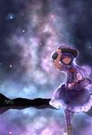  absurdres ascot hand_on_headwear hat highres hinanawi_tenshi lake landscape long_hair milky_way myero night puffy_sleeves red_eyes reflection shirt short_sleeves signature skirt sky solo star_(sky) starry_sky touhou 