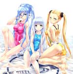  aoki_hagane_no_arpeggio aqua_swimsuit ass barefoot blonde_hair blue_eyes blue_hair blush breasts collarbone competition_swimsuit covered_navel english green_eyes hair_between_eyes hair_tucking hand_on_own_knee haruna_(aoki_hagane_no_arpeggio) highres iona large_breasts long_hair looking_at_viewer medium_breasts mole mole_under_mouth multiple_girls nagayori one-piece_swimsuit parted_lips partially_submerged pink_swimsuit ponytail shiny shiny_clothes shiny_skin silver_hair sitting smile swimsuit takao_(aoki_hagane_no_arpeggio) twintails very_long_hair water wet yellow_swimsuit 