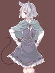  akagashi_hagane animal_ears brown_background capelet gloves grey_hair jewelry long_sleeves looking_at_viewer mouse_ears mouse_tail nazrin open_mouth pink_eyes profile shirt short_hair simple_background skirt skirt_set solo tail touhou vest white_gloves white_shirt 