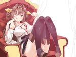  black_legwear breasts brown_eyes brown_hair chair cleavage collarbone detached_sleeves hair_ornament japanese_clothes kantai_collection kongou_(kantai_collection) large_breasts mx2j_(nsh6394) nontraditional_miko sitting smile solo thighhighs tongue 