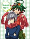  akaba_reiji collar glasses goggles goggles_on_head green_hair grey_hair jewelry masako_(sabotage-mode) multicolored_hair multiple_boys necklace orange_shirt pendant purple_eyes red_eyes red_hair sakaki_yuuya scarf shirt silver_hair spiked_hair t-shirt two-tone_hair yuu-gi-ou yuu-gi-ou_arc-v 