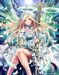  anbe_yoshirou blonde_hair blue_eyes breasts detached_sleeves feathers floating_hair highres holding holding_staff large_breasts long_hair looking_at_viewer magic magic_circle shinma_x_keishou!_ragnabreak solo staff white_feathers 