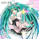  39 absurdres ahoge aoi_(kiyokiyoaomushi) character_name dress green_eyes green_hair hand_on_own_chest hatsune_miku highres long_hair open_mouth outstretched_arm solo thighhighs twintails very_long_hair vocaloid 