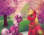  &lt;3 big_macintosh_(mlp) cheerilee_(mlp) cloud cutie_mark duo equine eye_contact female feral friendship_is_magic fur green_eyes hair half-closed_eyes hill horse magpie_(artist) male mammal my_little_pony orange_hair outside pink_hair pony purple_fur red_fur signature sitting sky smile tree two_tone_hair wood yoke 