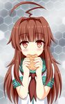  ahoge blush brown_eyes brown_hair eating food honeycomb_(pattern) honeycomb_background icetiina kantai_collection kuma_(kantai_collection) long_hair looking_at_viewer school_uniform serafuku solo taiyaki wagashi 