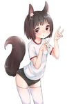  animal_ears bad_id bad_pixiv_id blush brown_hair buruma fox_ears fox_shadow_puppet fox_tail highres original red_eyes rima_(rimarip) short_hair simple_background solo tail thighhighs white_background white_legwear 