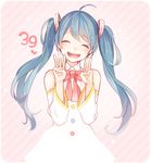  39 :d ^_^ ahoge aqua_hair bow bowtie closed_eyes detached_sleeves dress hatsune_miku head_tilt long_hair open_mouth smile solo striped striped_background tama_(songe) twintails vocaloid 